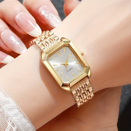 Jewelry Set with Watch - Women's & 5 Pieces Elegant Square Golden Tone Quartz Wristwatch with - product detail view 14