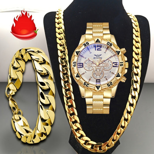 Jewelry Set with Watch - Men's Bracelet Necklace 3 Pieces Luxury Quartz with Stainless Steel Strap - main product view