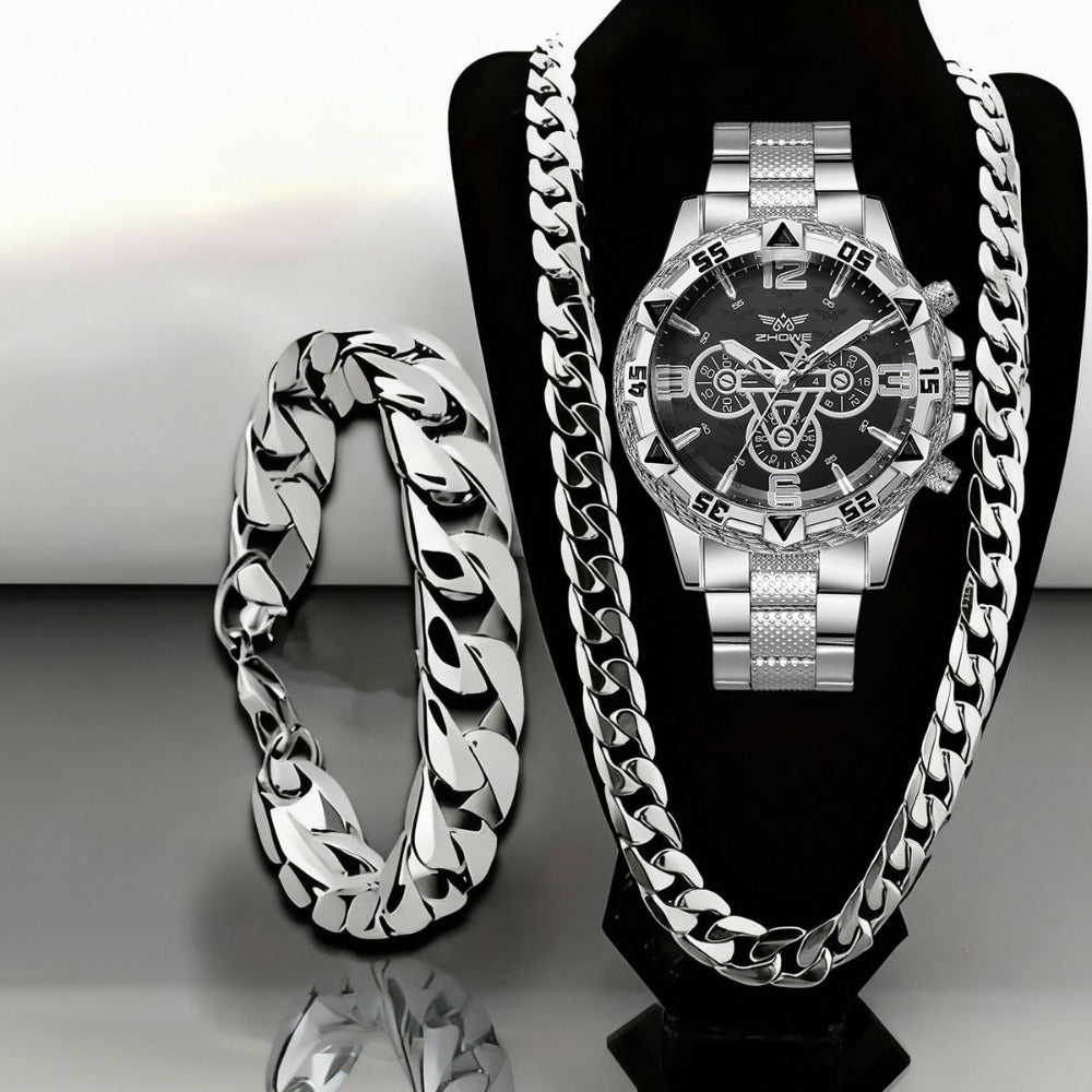 Jewelry Set with Watch - Men's Bracelet Necklace 3 Pieces Luxury Quartz with Stainless Steel Strap - product detail view 4