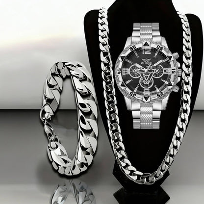 Jewelry Set with Watch - Men's Bracelet Necklace 3 Pieces Luxury Quartz with Stainless Steel Strap - product detail view 4