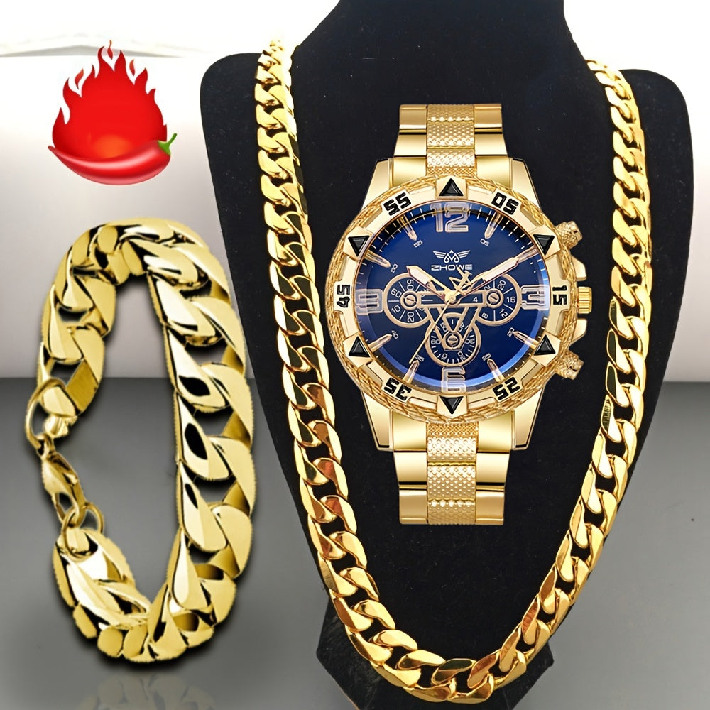 Jewelry Set with Watch - Men's Bracelet Necklace 3 Pieces Luxury Quartz with Stainless Steel Strap - product detail view 8