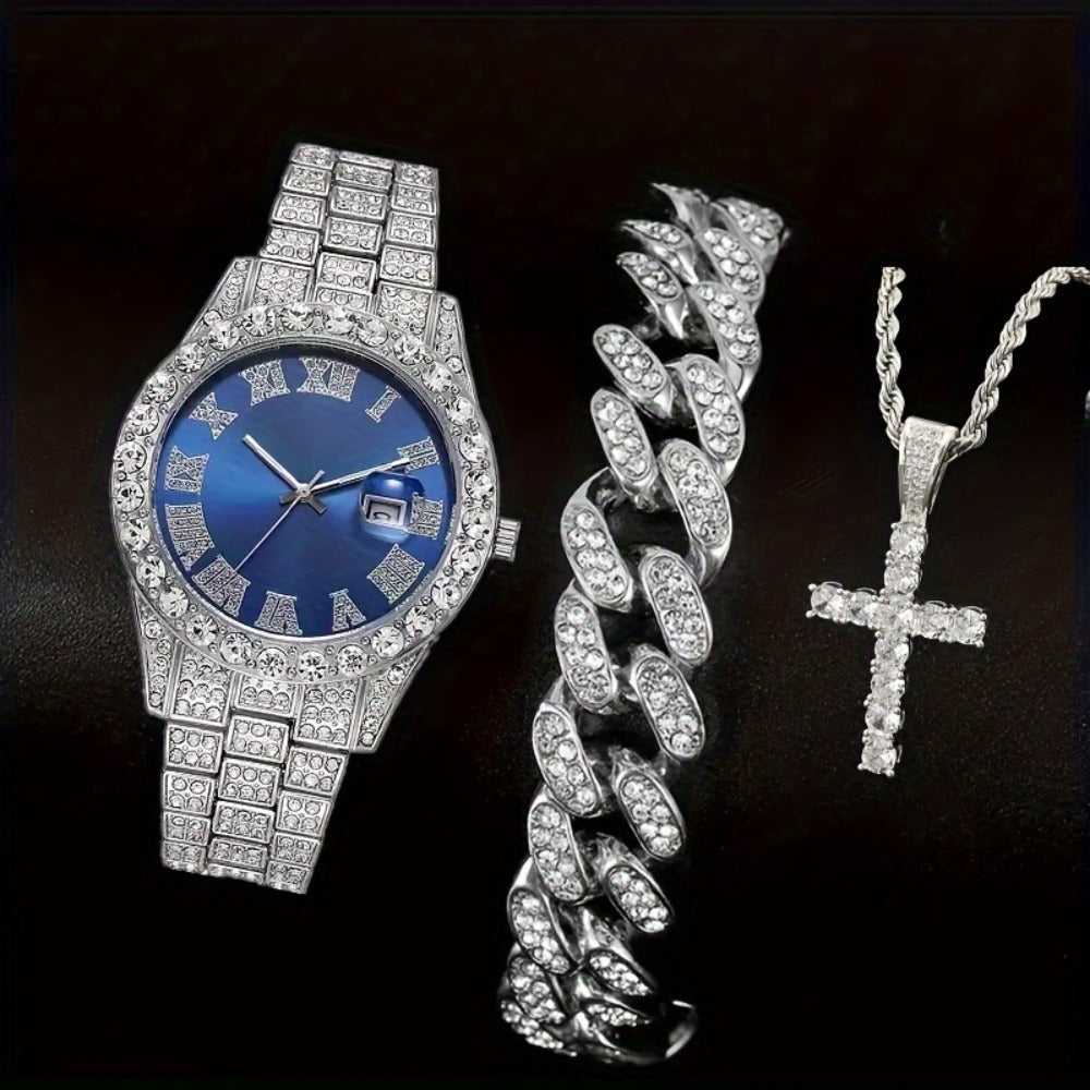 Jewelry Set with Watch - Men's & Combo Hip Hop Necklace Bracelet Geometric Pendant Gift , 3-Piece - product detail view 3