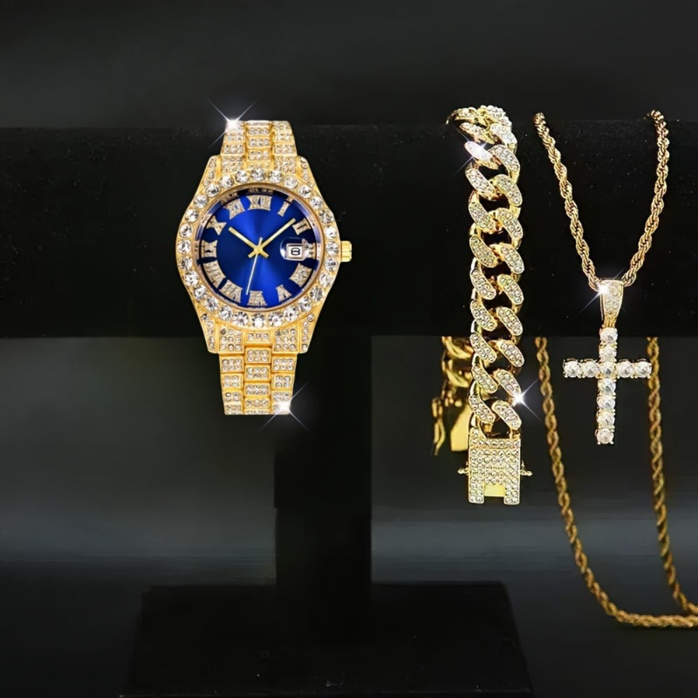 Jewelry Set with Watch - Men's & Combo Hip Hop Necklace Bracelet Geometric Pendant Gift , 3-Piece - product detail view 7