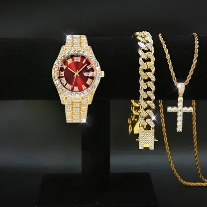 Jewelry Set with Watch - Men's & Combo Hip Hop Necklace Bracelet Geometric Pendant Gift , 3-Piece - product detail view 11