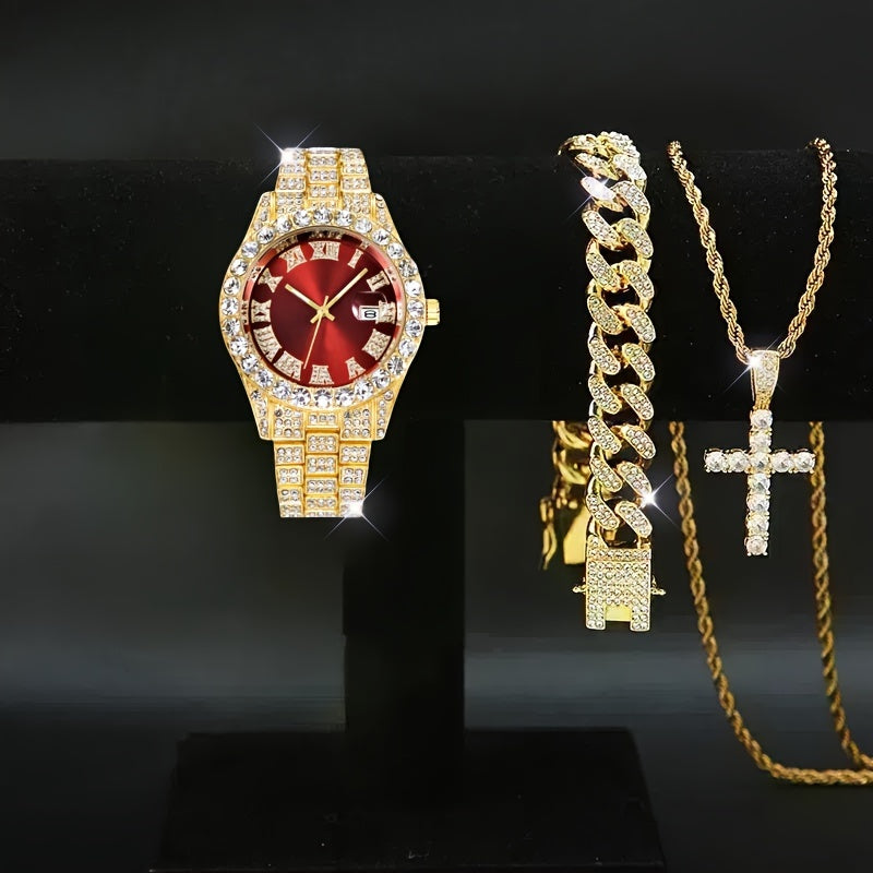 Jewelry Set with Watch - Men's & Combo Hip Hop Necklace Bracelet Geometric Pendant Gift , 3-Piece - product detail view 19