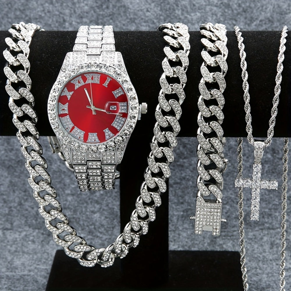 Jewelry Set with Watch - Men's & Cuban Link 4pcs Wristwatch, Cuban Necklace & Bracelet Bundle for - product detail view 4