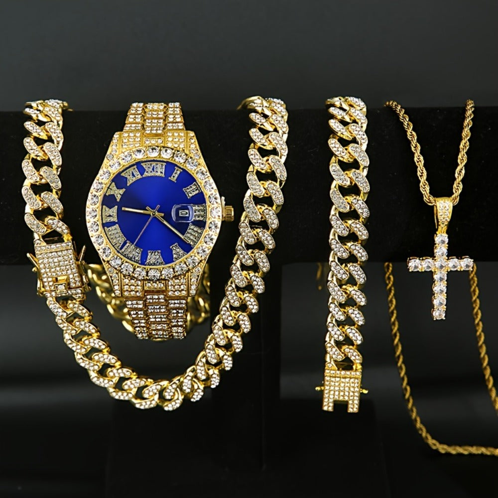 Jewelry Set with Watch - Men's & Cuban Link 4pcs Wristwatch, Cuban Necklace & Bracelet Bundle for - product detail view 6