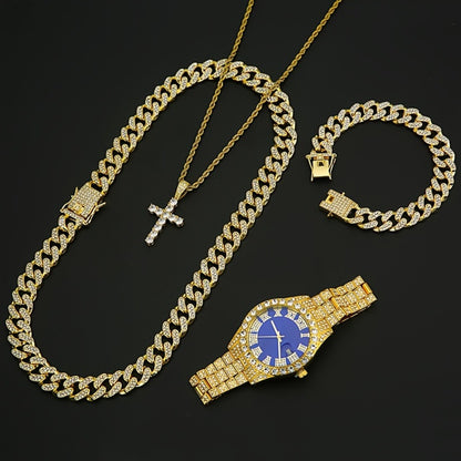 Jewelry Set with Watch - Men's & Cuban Link 4pcs Wristwatch, Cuban Necklace & Bracelet Bundle for - product detail view 8