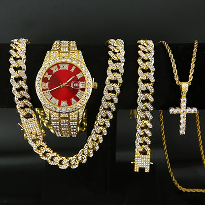 Jewelry Set with Watch - Men's & Cuban Link 4pcs Wristwatch, Cuban Necklace & Bracelet Bundle for - product detail view 12