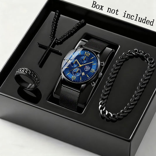 Jewelry Set with Watch - Men's & Gift 4-Piece Quartz Date , Stainless Steel Bracelet & Necklace - main product view