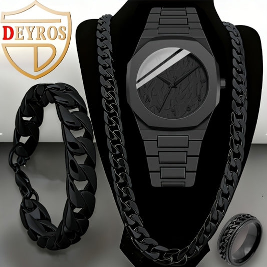 Jewelry Set with Watch - Men's & Gift 4pcs - Quartz Watches Necklace Bracelet Ring Bundle, Black - main product view
