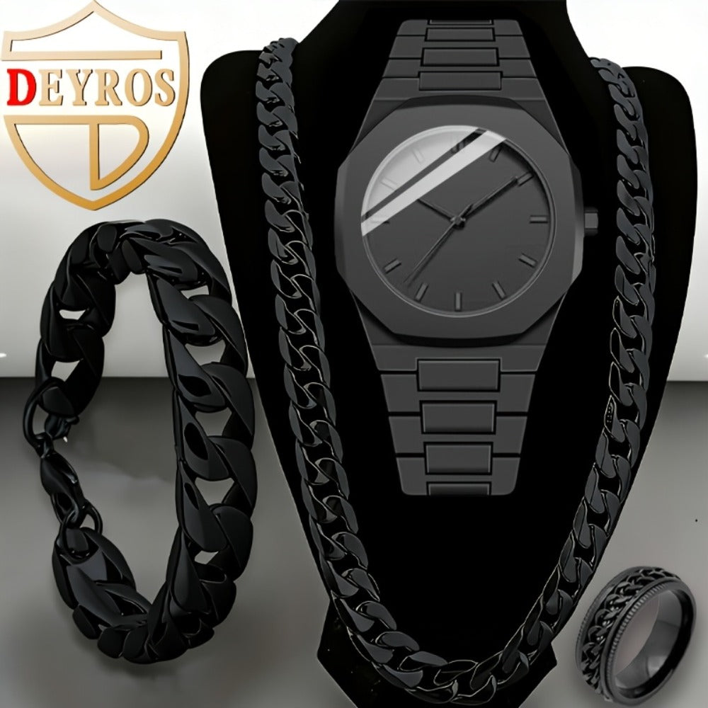 Jewelry Set with Watch - Men's & Gift 4pcs - Quartz Watches Necklace Bracelet Ring Bundle, Black - product detail view 2