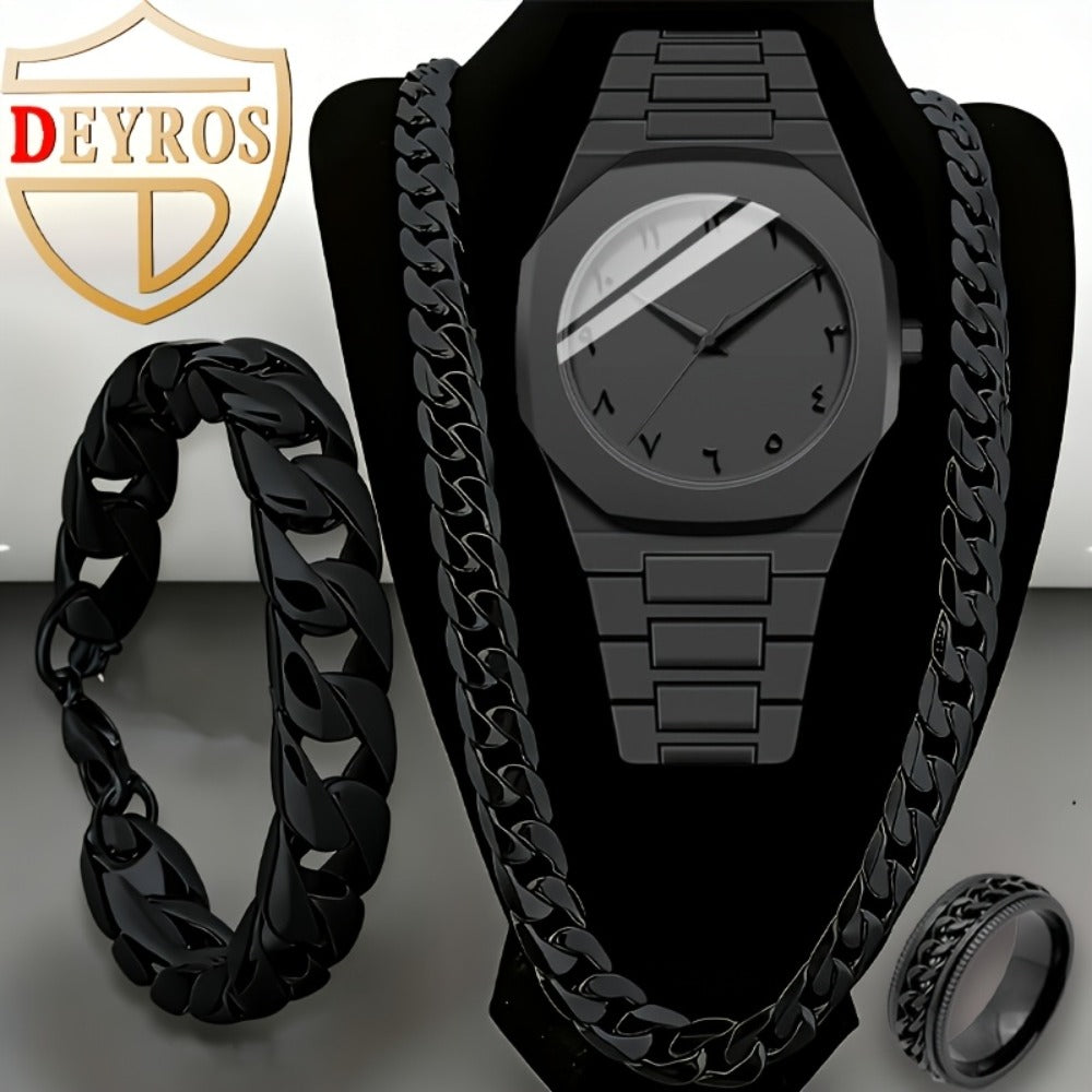 Jewelry Set with Watch - Men's & Gift 4pcs - Quartz Watches Necklace Bracelet Ring Bundle, Black - product detail view 4