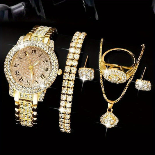 Jewelry Set with Watch - Women's Gold Rhinestone with Ring Necklace Earrings Bracelet Fashion - main product view