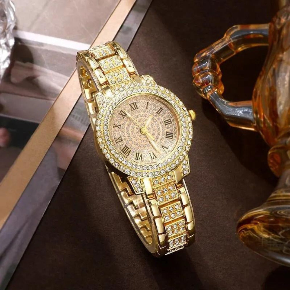 Jewelry Set with Watch - Women's Gold Rhinestone with Ring Necklace Earrings Bracelet Fashion - product detail view 7