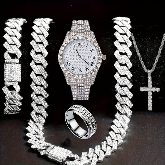 Jewelry Set with Watch - Men's Hip-Hop & Waterfall Chain Sparkling Bracelet & Necklace Combo, 3pcs - main product view