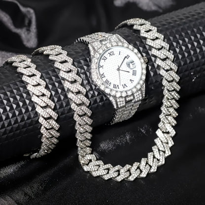 Jewelry Set with Watch - Men's Hip-Hop & Waterfall Chain Sparkling Bracelet & Necklace Combo, 3pcs - product detail view 4