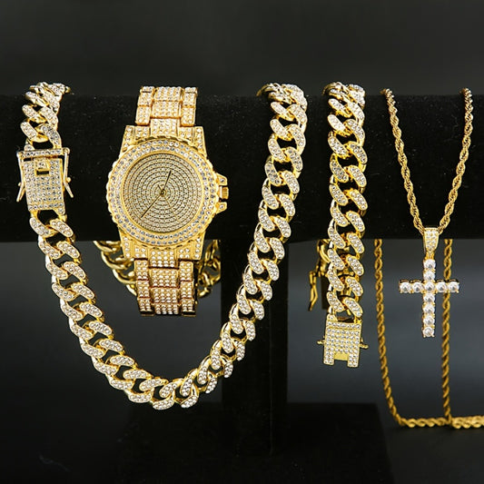 Jewelry Set with Watch - Men's Punk & 4-Piece Quartz , Cuban Chain Necklace, Bracelet & Cross - main product view