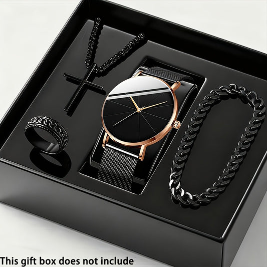 Jewelry Set with Watch - Men's Quartz & Bracelet | 4-Piece Elegant Gift with Alloy Case, Round Dial - main product view