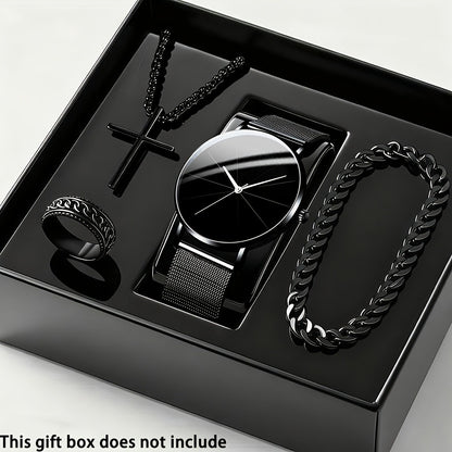 Jewelry Set with Watch - Men's Quartz & Bracelet | 4-Piece Elegant Gift with Alloy Case, Round Dial - product detail view 2