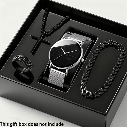 Jewelry Set with Watch - Men's Quartz & Bracelet | 4-Piece Elegant Gift with Alloy Case, Round Dial - product detail view 3