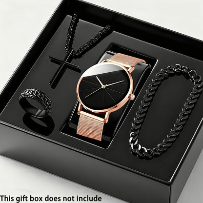 Jewelry Set with Watch - Men's Quartz & Bracelet | 4-Piece Elegant Gift with Alloy Case, Round Dial - product detail view 4
