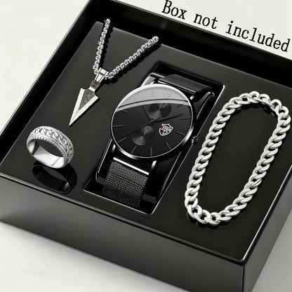 Jewelry Set with Watch - Men's Quartz & Bracelet | 4-Piece Elegant Gift with Alloy Case, Round Dial - product detail view 9
