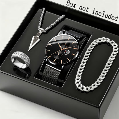 Jewelry Set with Watch - Men's Quartz & Bracelet | 4-Piece Elegant Gift with Alloy Case, Round Dial - product detail view 10
