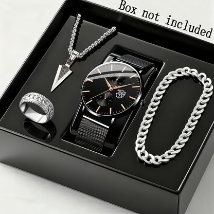 Jewelry Set with Watch - Men's Quartz & Bracelet | 4-Piece Elegant Gift with Alloy Case, Round Dial - product detail view 22