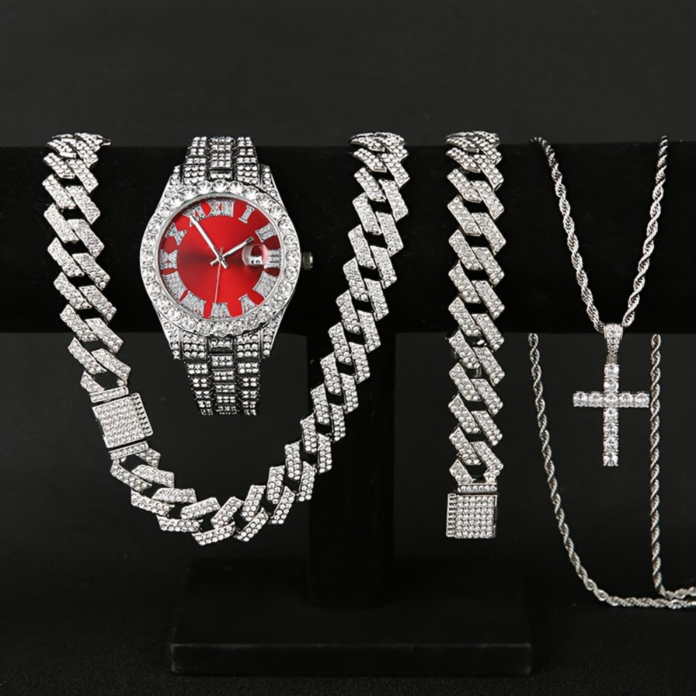 Jewelry Set with Watch - Men's Rhinestone Quartz & 3pcs or 4pcs Bundle with Cross Necklace & - product detail view 12