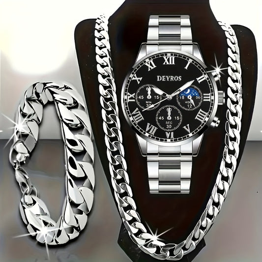 Jewelry Set with Watch - Stainless Steel for Men 3pcs Business Chronograph Quartz Necklace Bracelet - main product view