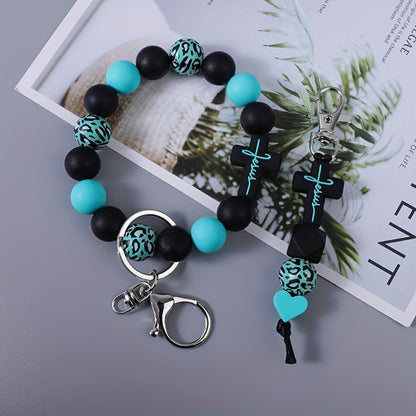 Keychain - Beaded Wrist Set 2pcs Leopard Print & Solid Round Beads Wristlet Key Ring - product detail view 2