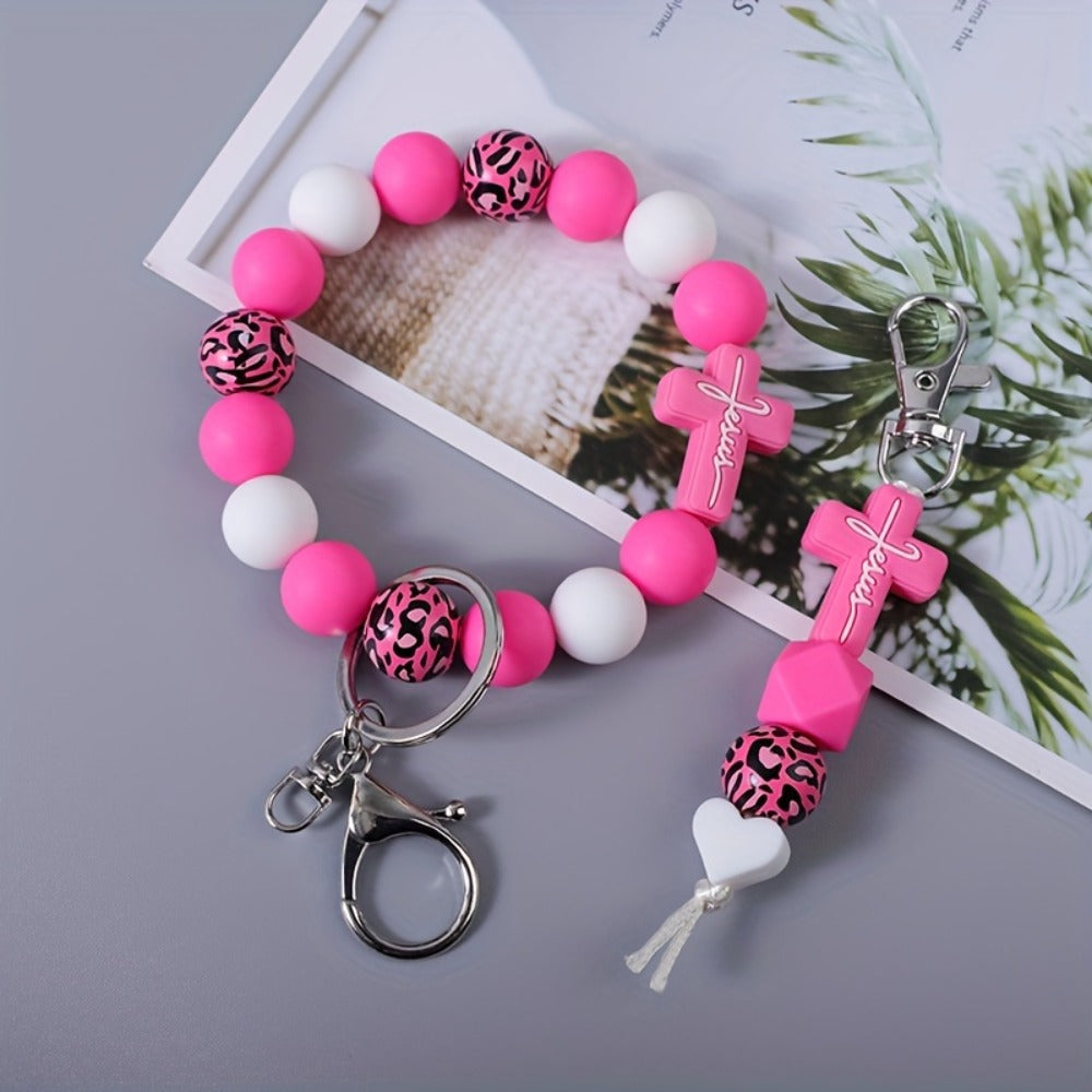Keychain - Beaded Wrist Set 2pcs Leopard Print & Solid Round Beads Wristlet Key Ring - product detail view 3