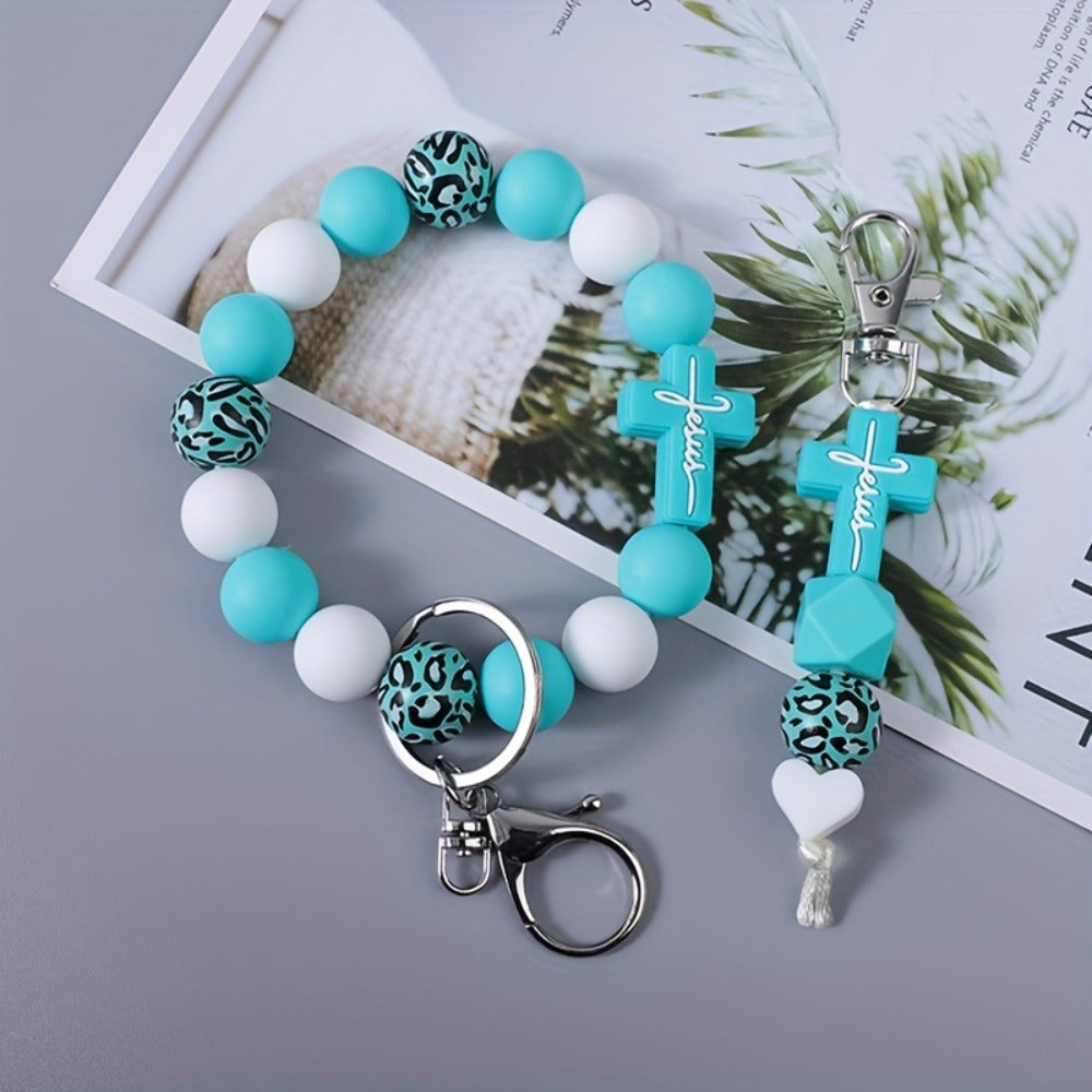 Keychain - Beaded Wrist Set 2pcs Leopard Print & Solid Round Beads Wristlet Key Ring - product detail view 5