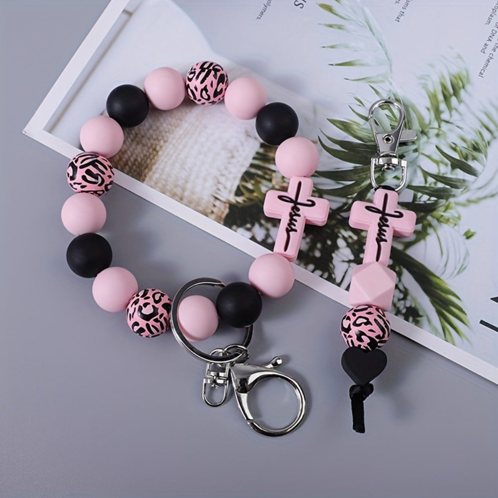 Keychain - Beaded Wrist Set 2pcs Leopard Print & Solid Round Beads Wristlet Key Ring - product detail view 9