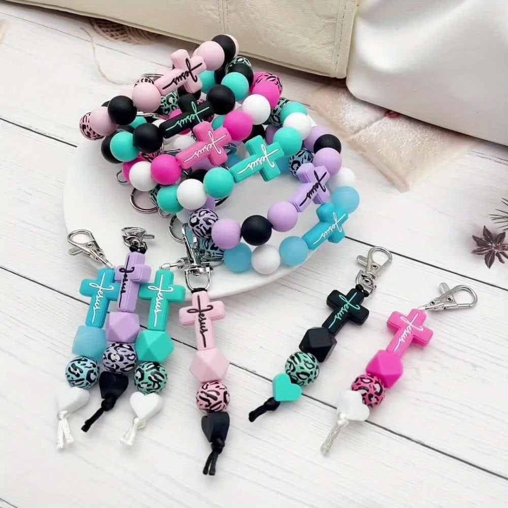 Keychain - Beaded Wrist Set 2pcs Leopard Print & Solid Round Beads Wristlet Key Ring - product detail view 10