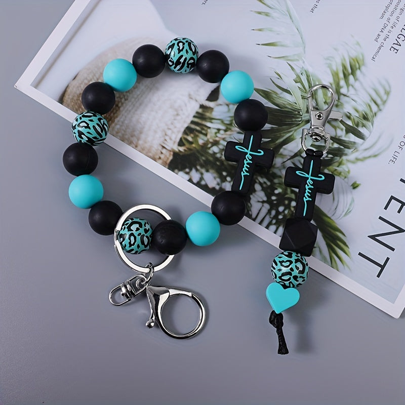 Keychain - Beaded Wrist Set 2pcs Leopard Print & Solid Round Beads Wristlet Key Ring - product detail view 11