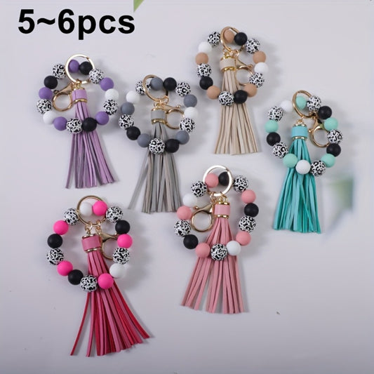 Keychain - Beaded Wristband Set 5 Pcs - Leopard Print Polka Dot Fringe Charm for - main product view