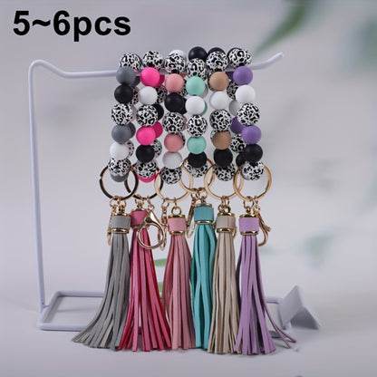 Keychain - Beaded Wristband Set 5 Pcs - Leopard Print Polka Dot Fringe Charm for - product detail view 6