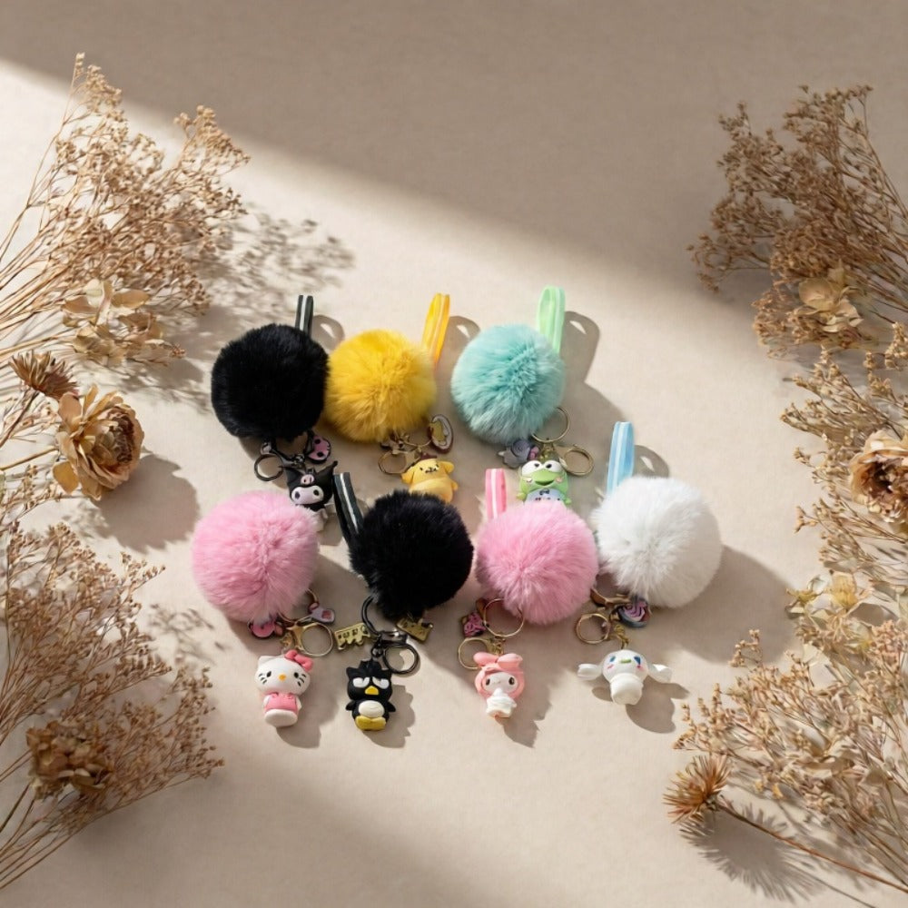 Keychain - Cherry Blossom Sanrio Set 7pcs Soft Furball Cartoon Cute Key Rings, Kawaii - product detail view 6