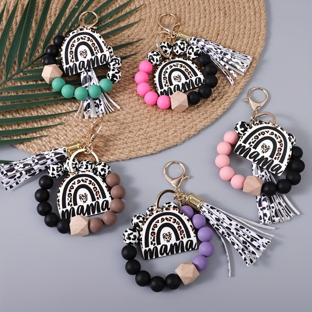 Keychain - Cow Print Beaded Wrist Set 5pcs Monochrome & Cow Pattern Tassel Leopard - main product view
