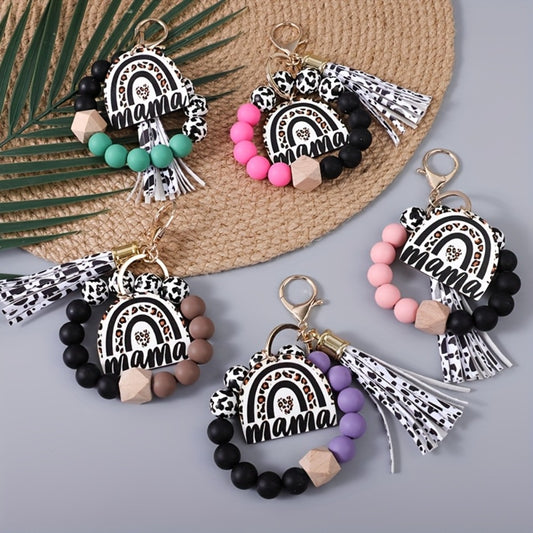 Keychain - Cow Print Beaded Wrist Set 5pcs Monochrome & Cow Pattern Tassel Leopard - main product view