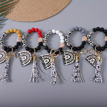 Keychain - Cow Print Beaded Wrist Set 5pcs Monochrome & Cow Pattern Tassel Leopard - product detail view 2