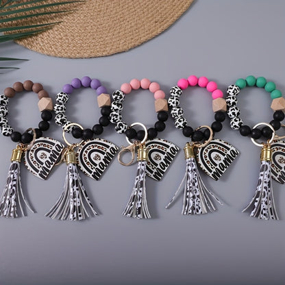 Keychain - Cow Print Beaded Wrist Set 5pcs Monochrome & Cow Pattern Tassel Leopard - product detail view 3