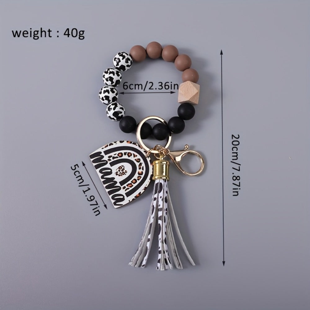 Keychain - Cow Print Beaded Wrist Set 5pcs Monochrome & Cow Pattern Tassel Leopard - product detail view 4