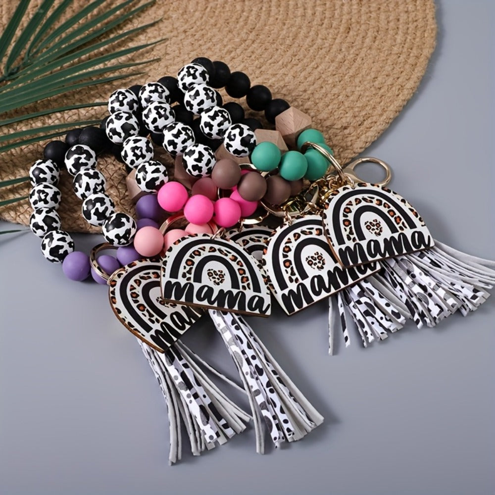 Keychain - Cow Print Beaded Wrist Set 5pcs Monochrome & Cow Pattern Tassel Leopard - product detail view 5