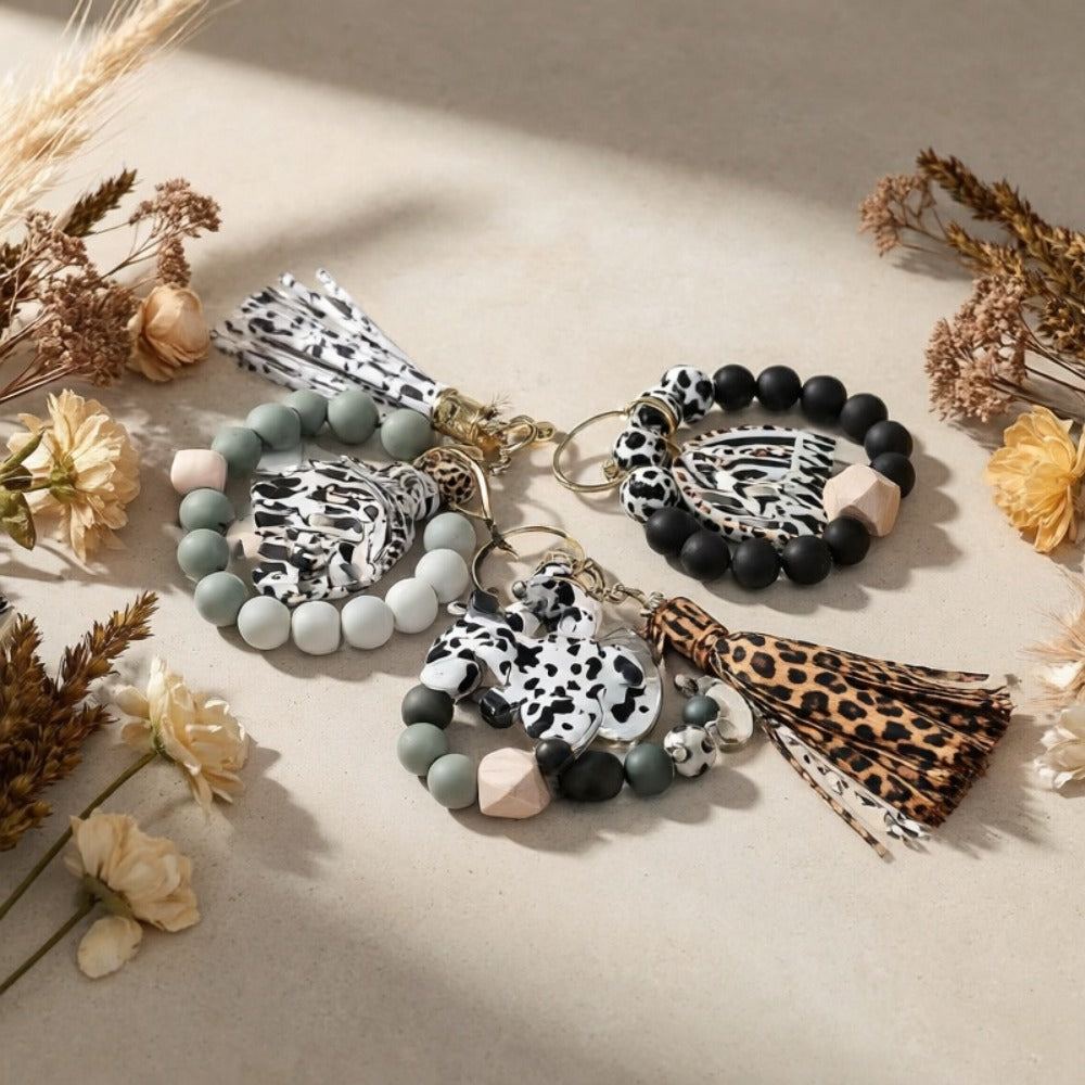 Keychain - Cow Print Beaded Wrist Set 5pcs Monochrome & Cow Pattern Tassel Leopard - product detail view 6