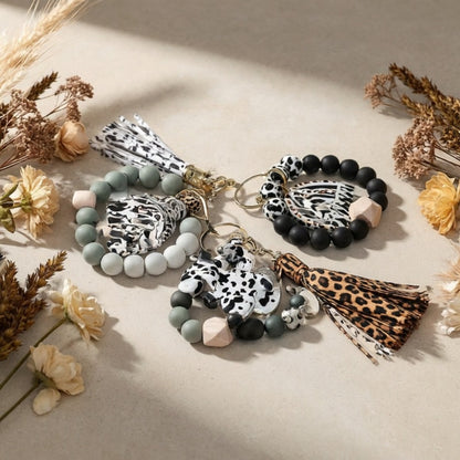 Keychain - Cow Print Beaded Wrist Set 5pcs Monochrome & Cow Pattern Tassel Leopard - product detail view 6