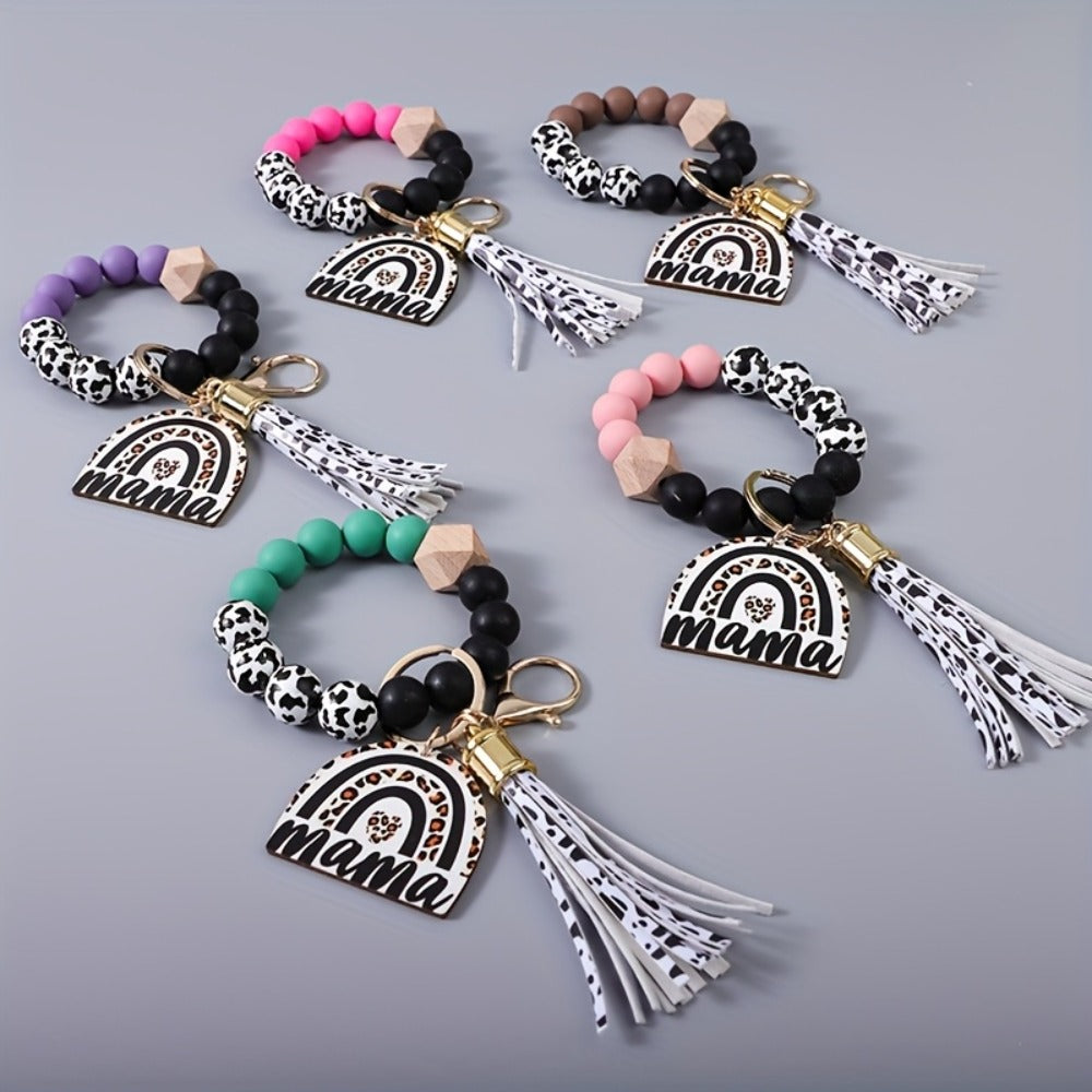 Keychain - Cow Print Beaded Wrist Set 5pcs Monochrome & Cow Pattern Tassel Leopard - product detail view 7