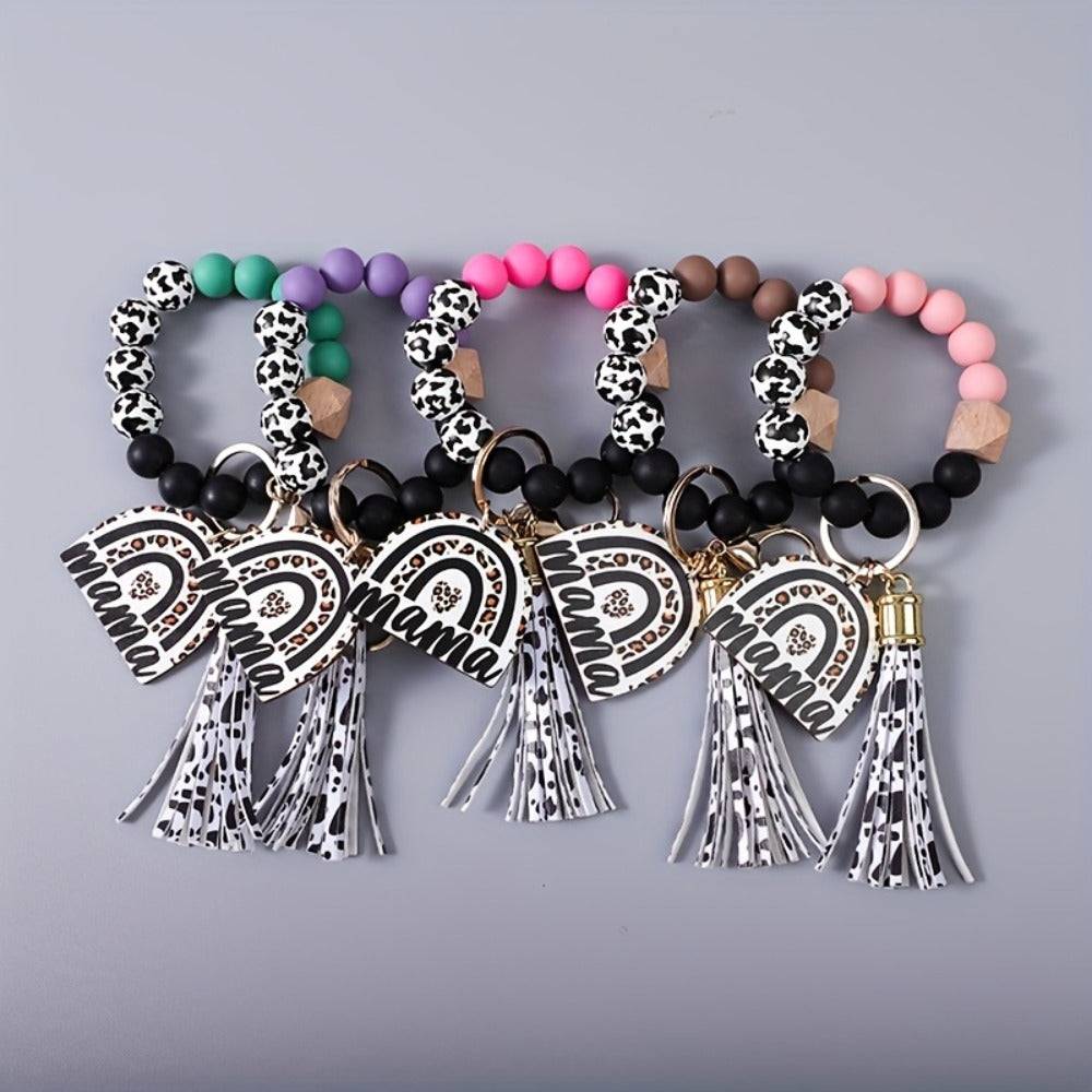 Keychain - Cow Print Beaded Wrist Set 5pcs Monochrome & Cow Pattern Tassel Leopard - product detail view 8